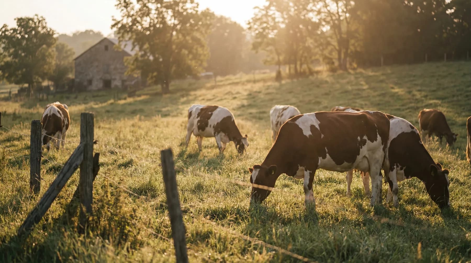 Healthy dairy cows in golden pasture