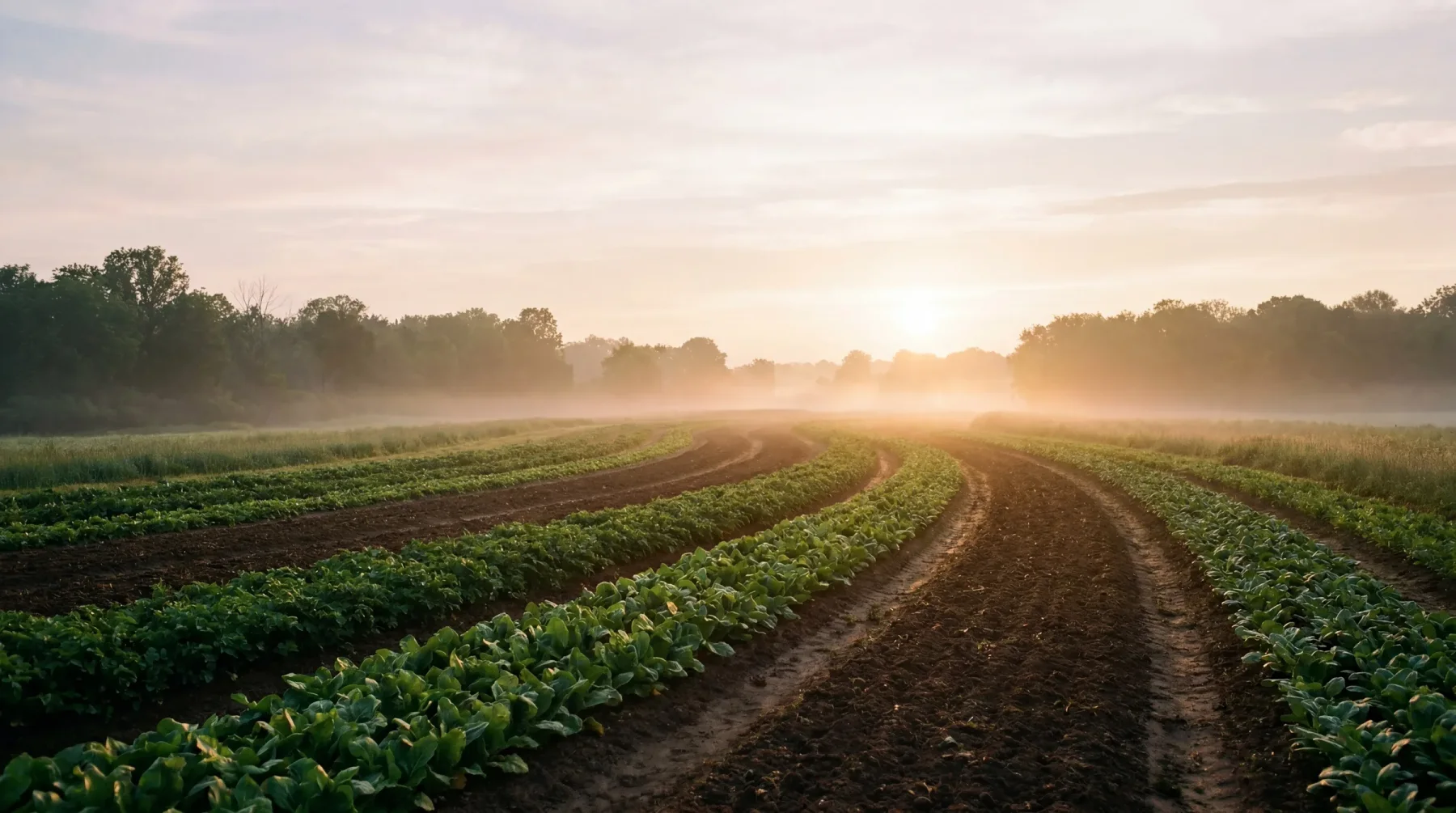 A regenerative farm field at golden hour