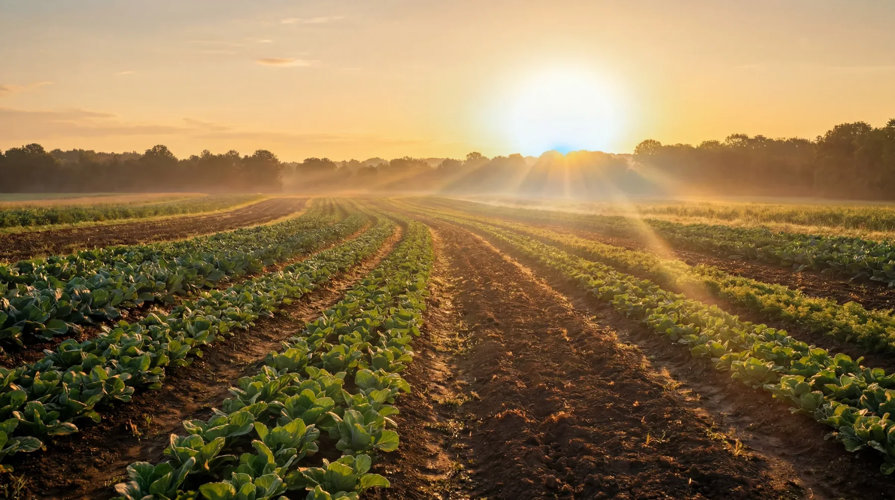 Regenerative farm field at golden hour, rows curving toward a low warm sun with a living blue breath at its base