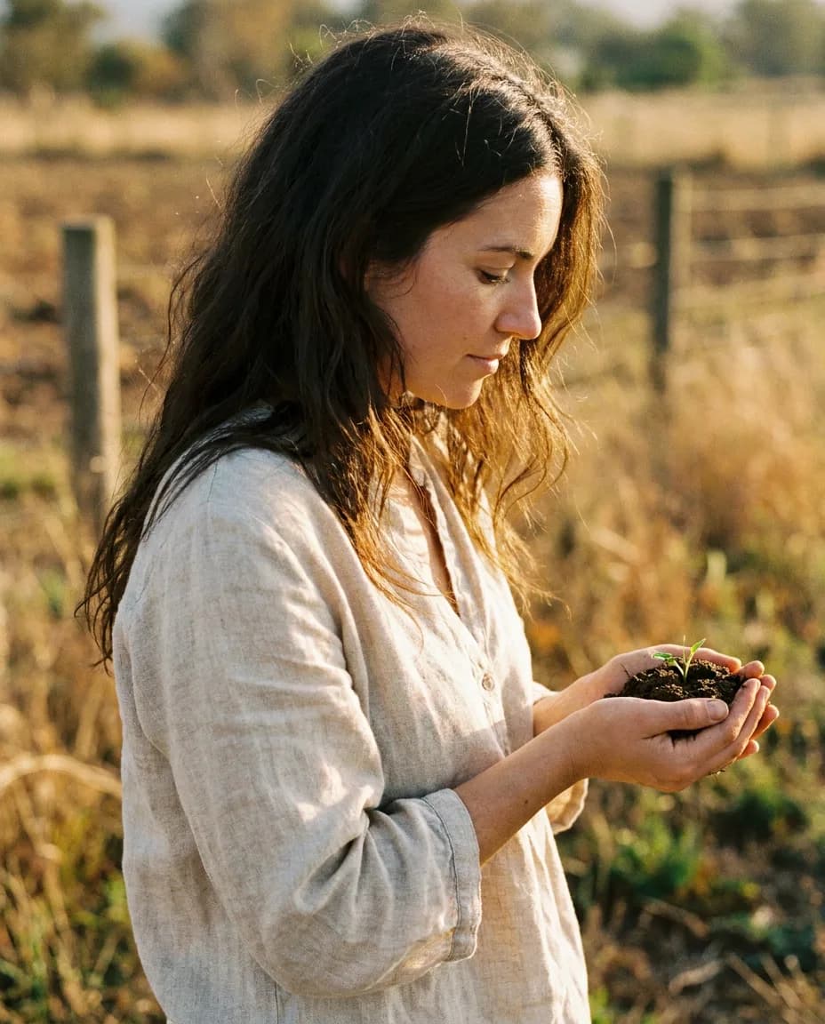 A woman cradling a seedling in soil