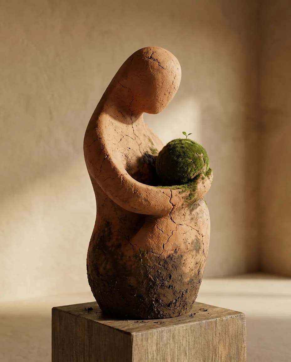 Clay sculpture of a mother cradling the earth