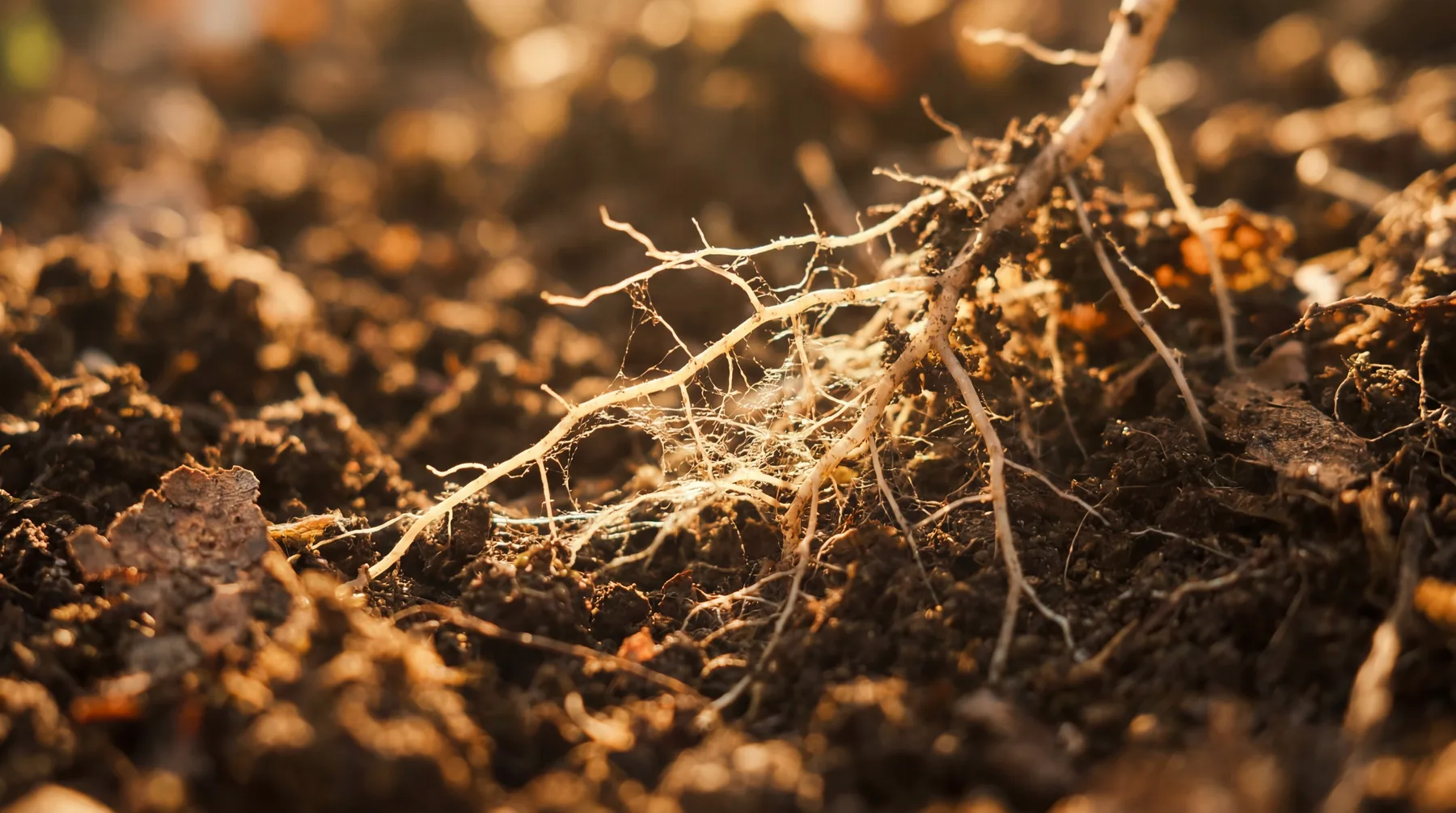 Deep living roots threading through dark, healthy soil
