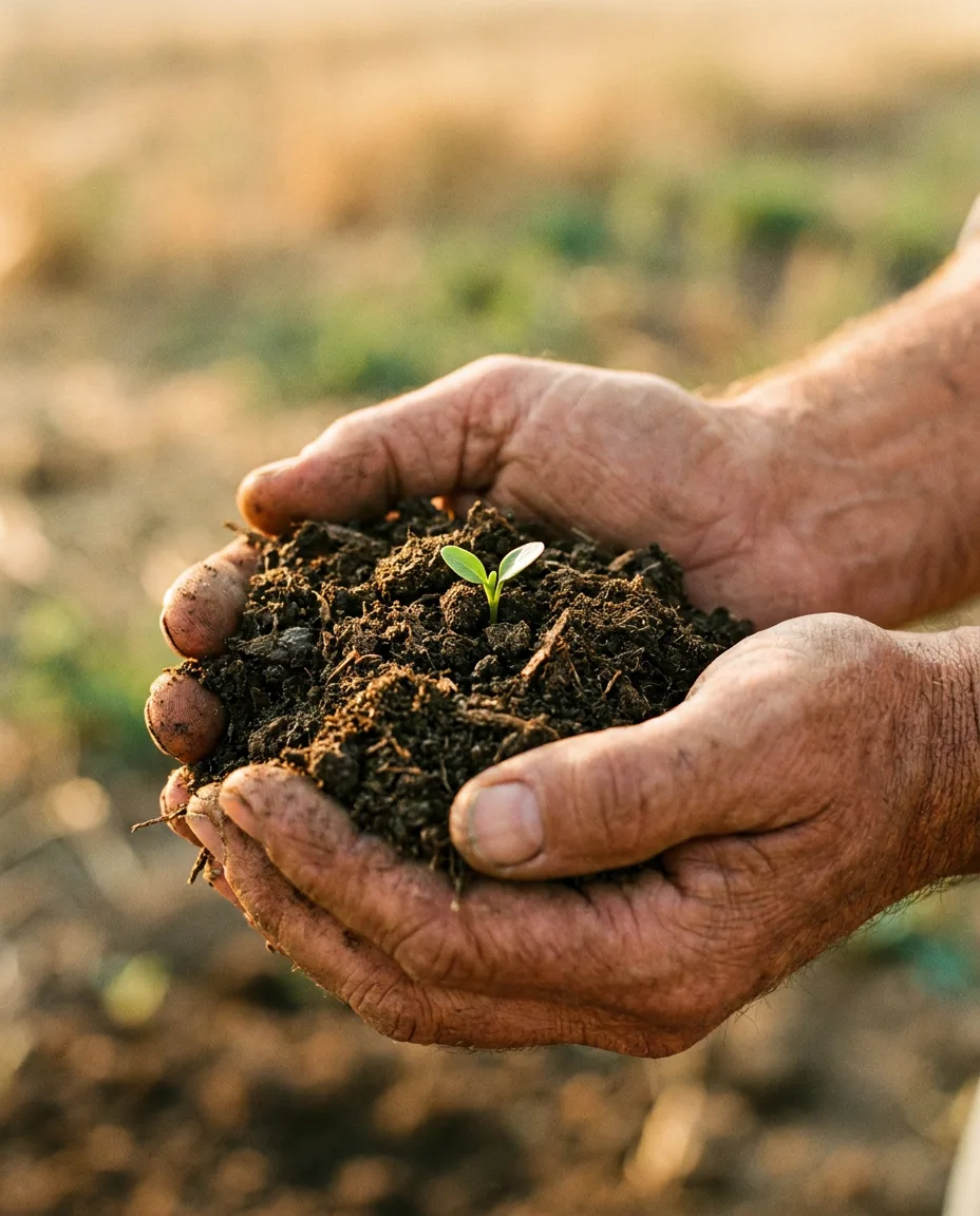 Hands cupping dark, living soil